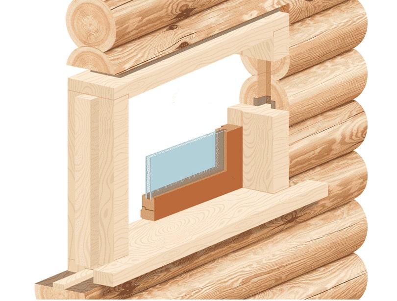 Монтаж обсадной коробки с зазором вверху под усадку